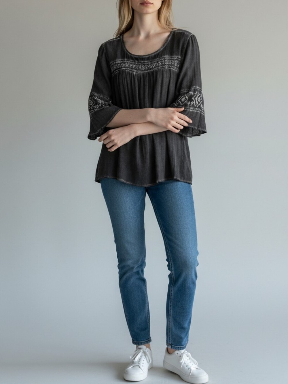 Earthbound Washed Black Boho Blouse Womens M Retro 90s Y2K Grunge Casual
